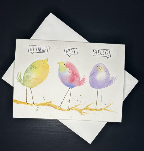 three birds on a branch greeting card laying flat