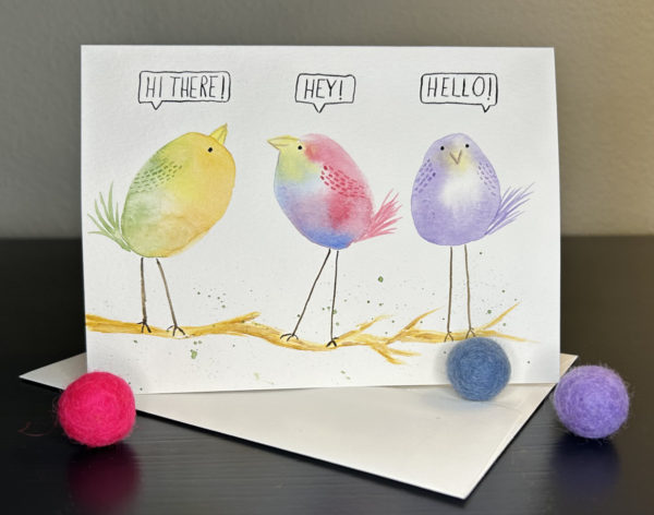 three birds on a branch greeting card standing up