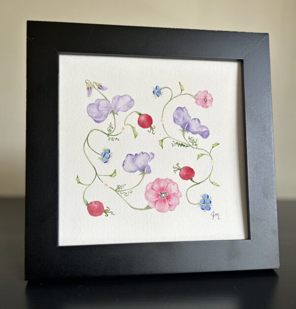 Sweet pea, rose hip, and anemone artwork framed