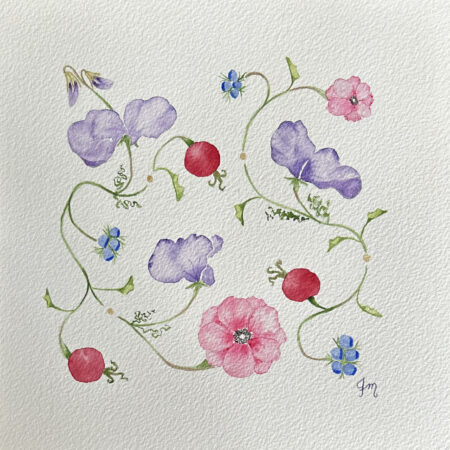 Sweet pea, rose hip, and anemone artwork