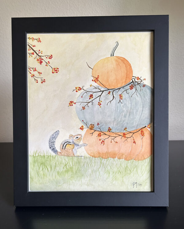 sweetpea pumpkins with chipmunk artwork framed